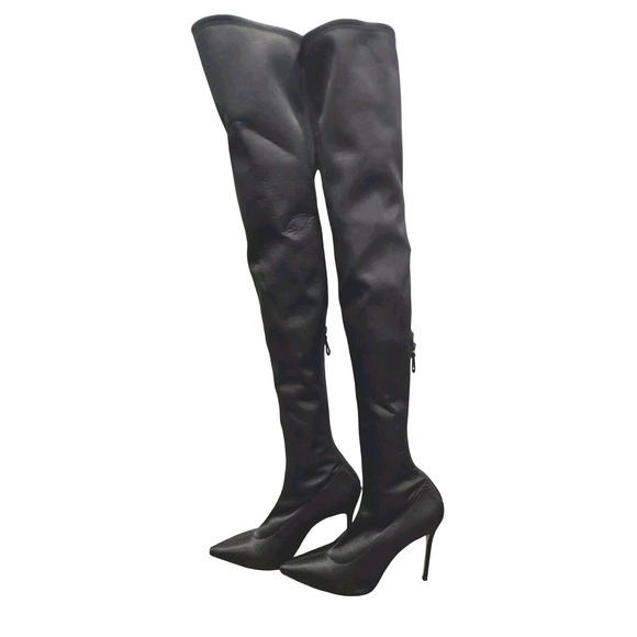 Carolina Herrera Black Thigh High Pull On Satin Boots Pointed Portugal 41 9.5 - Picture 1 of 12